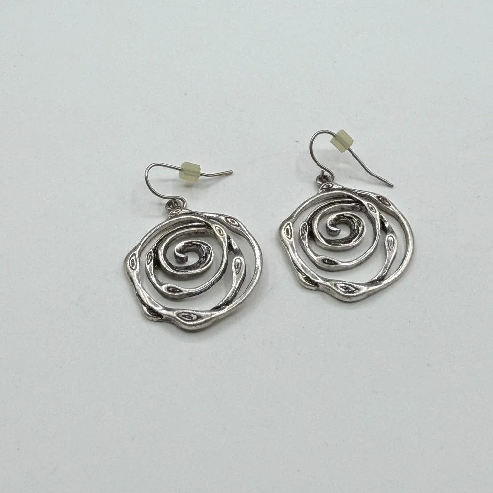 Silver Tone Spiral Coil Drop Earrings Abstract Eye Swirl Dangle Boho PiercedSilv